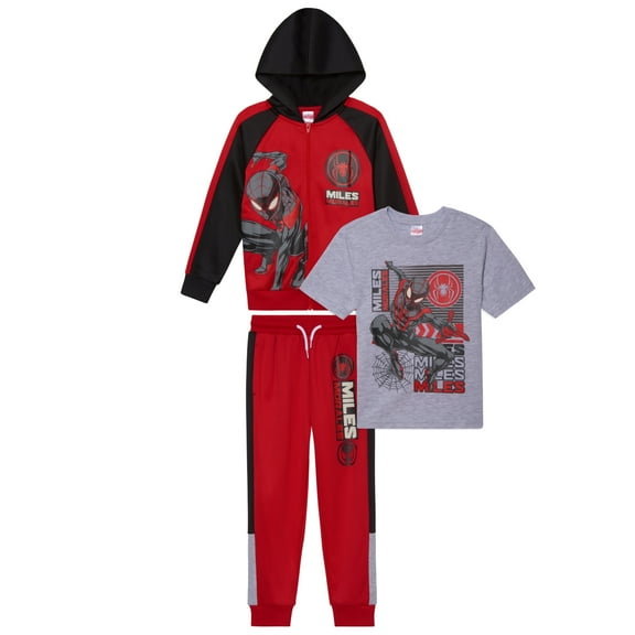 Marvel Spider-Man Boys 3-Piece Fleece Pants Sets, Peter Parker Miles Morales Zip-Up Hoodie, T-Shirt, Pants Sets for Boys (Sizes 4-16)