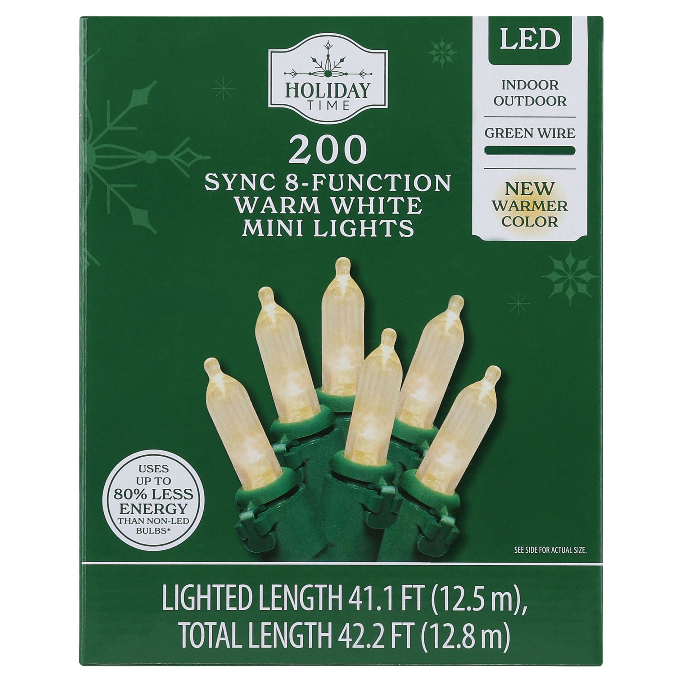 Indoor/Outdoor 200-Count LED 8-Function Sync Mini Christmas String Lights, Warm White, Green Wire, 41.1', by Holiday Time