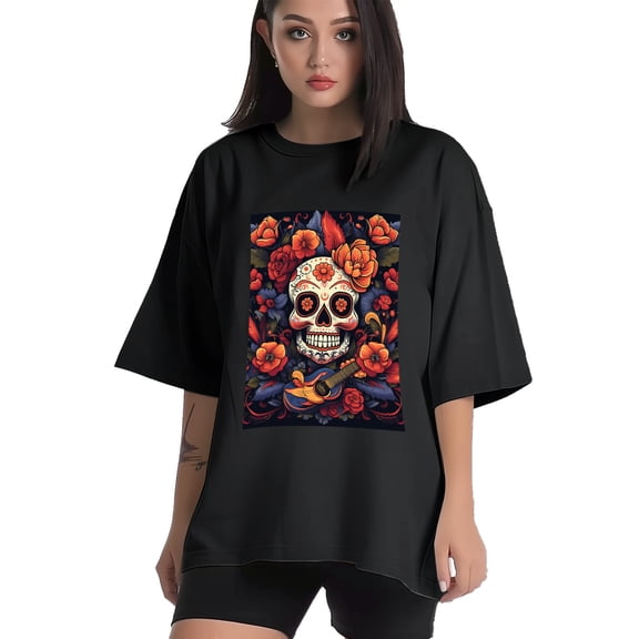 Plus Size Shirt for Women Black Tops for Women Short Sleeves Shirt for Women Skull (17) T Shirt Crewneck Shirt for Women XS