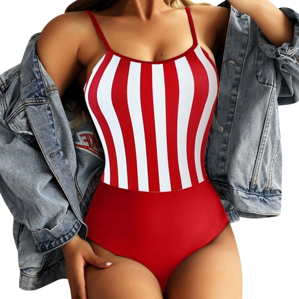 Gibobby Trajes de Baño para Mujer Una pieza Swimmit Backless Sexy Sling Ladies Retro Striped Women Swimswears(Rojo,M)