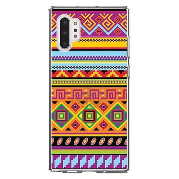 DistinctInk Clear Shockproof Hybrid Case for Galaxy Note 10 PLUS (6.8" Screen) - TPU Bumper, Acrylic Back, Tempered Glass Screen Protector - Blue Orange Purple Tribal Print