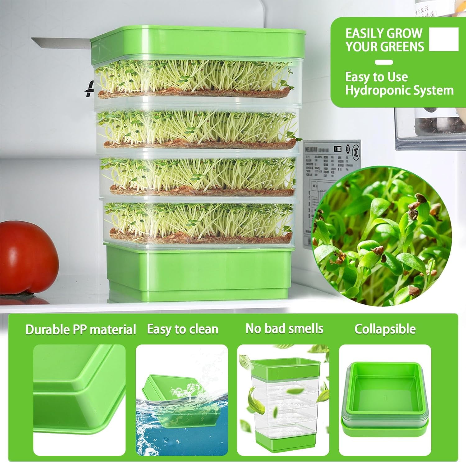 4-Tier Seed Sprouting Kit with Drain Holes and Tray Upgrade Stackable Microgreens Fresh Organic Bean Sprouter Tray Ripple Soil-Free for Beans Alfalfa Seeds