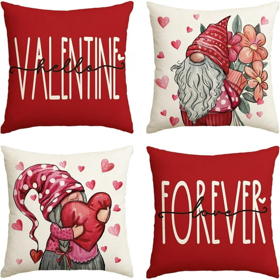 Valentine''s Day Hello Valentine Love Forever Gnome Throw Pillow Covers, 18 x 18 Inch Holiday Anniversary Wedding Cushion Case Decoration for Sofa Couch Set of 4