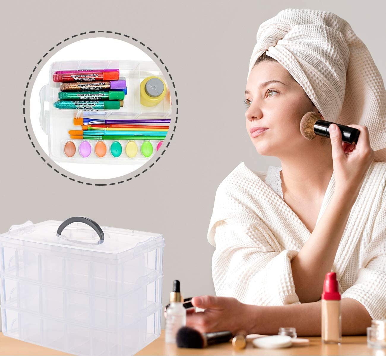 Craft Storage Box with Compartments, 3-Tier 30 Sections Transparent Stackable Plastic Box Organiser with Handle, Practical Sorting Box for Crafts, Toy,Jewelry, Sewing Accessories Or Kitchen,Clear