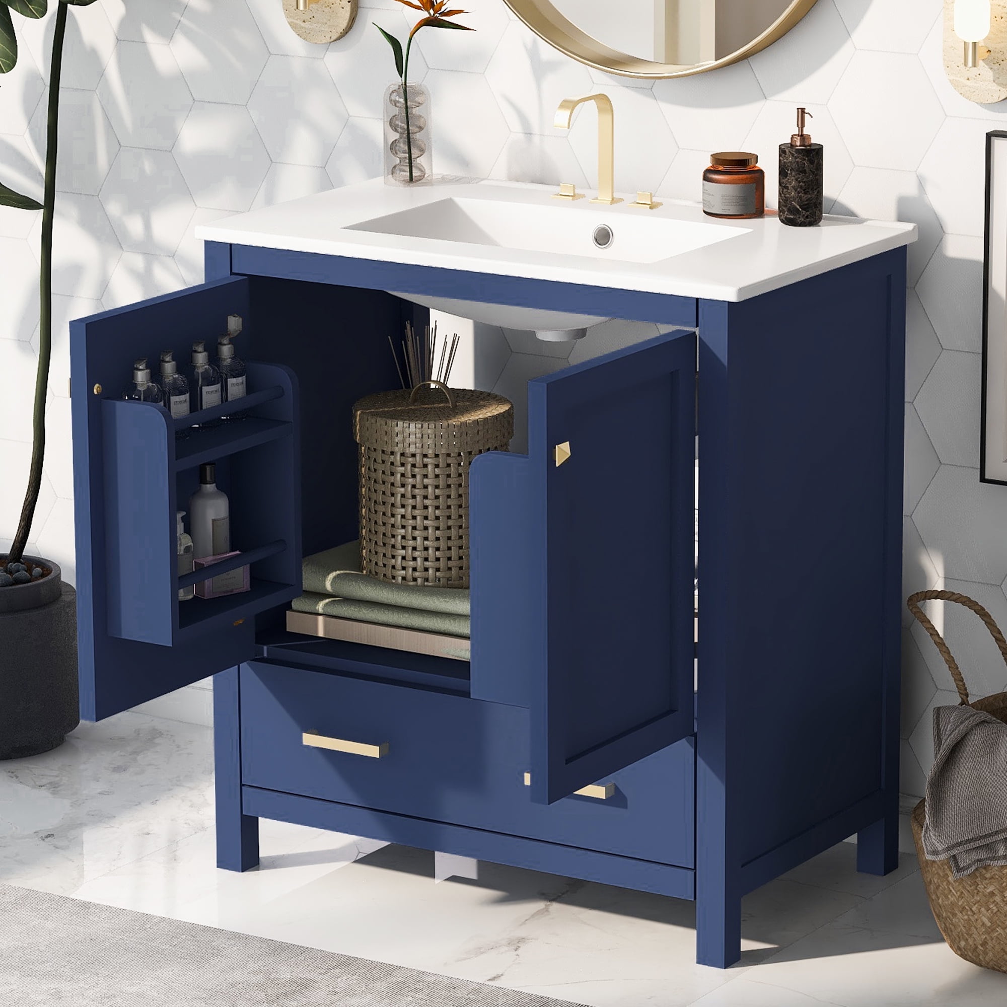 Harper & Bright Designs 30" Bathroom Vanity with Sink Combo, Bathroom Cabinet with Ceramic Top, Multifunctional Storage Doors and Drawer, Blue
