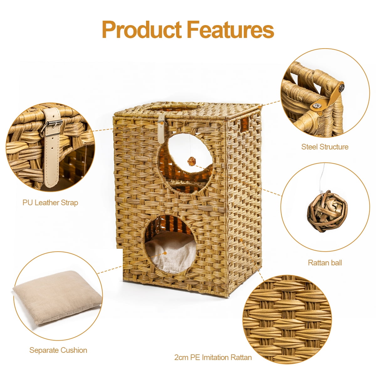 Canddidliike Large Wicker Cat Bed Brown Stackable Condo with Rattan Ball and Mat Canddidliike Large Wicker Cat Bed Brown Stackable Condo with Rattan Ball and Mat