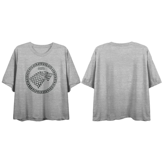 Game Of Thrones Stark Circle Art Crew Neck Short Sleeve Heather Gray Women's Boyfriend Crop T-shirt-Medium