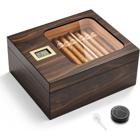 Premium Walnut Finish Spanish Cedar Cigar Humidor Box, Dual Layer 25-50 Count Digital Hygrometer Transparent Window Airtight Storage Case with Humidifier