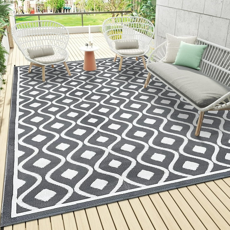 HUGEAR RV Outdoor Rug Waterproof Mat Outdoor Rugs 6'x9' for Patios  Clearance Carpet Outdoor Camping Rugs Large Plastic Straw Rug (Lantern Navy