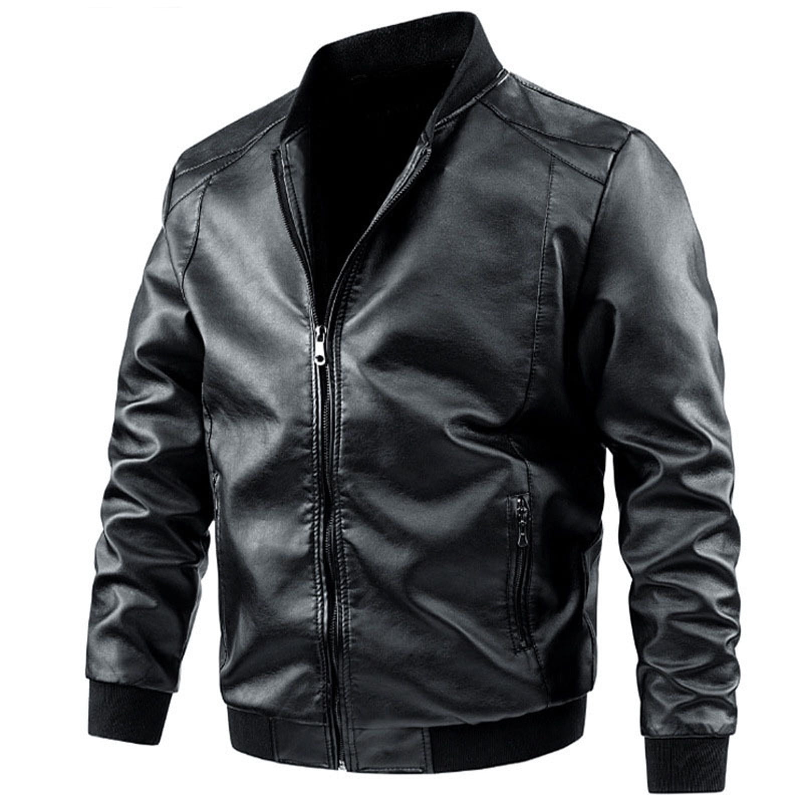 Wuxian Mens Casual Leather Jacket Slim Fit Full Zip Up Stand Collar Long Sleeve Lightweight Motorcycle Style Outerwear Coat With Pockets Stylish Cozy Outwear,Black,XXXXXXL