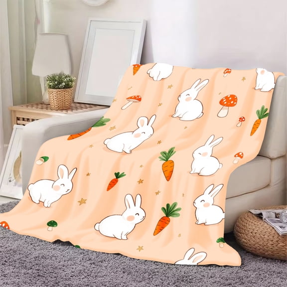 1pc Bunny & Mushroom Flannel Blanket | Soft Cozy Multicolor Digital Print, Bunny Carrot Design | Bedspread Sofa Throw Home Decor, Easter Basket Gift for Girls