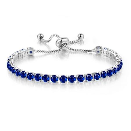 Paris Jewelry Women s 10k White Gold 6Ct Created Blue Sapphire Round Adjustable Tennis Bracelet Plated