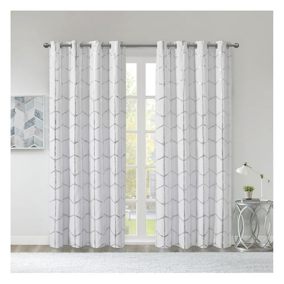 Total Blackout Metallic Print Grommet Top Curtain Panel(Only 1 Pc Panel) White Silver   Polyester