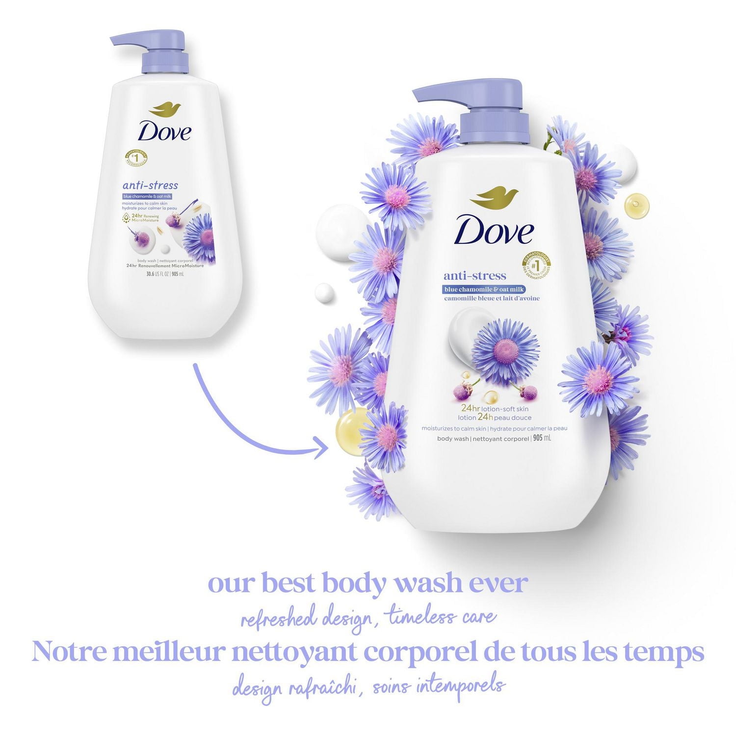 Dove Anti-Stress Body Wash with Pump for 24hr Lotion-Soft Skin, Blue Chamomile & Oat Milk, with No Sulfates No Parabens, 905mL