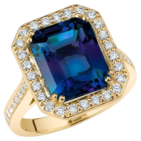 PEORA 7.75 Carats Created Alexandrite Lab Grown Diamond Ring in 14K Yellow Gold, Color-Changing Emerald Cut, Size 9.5