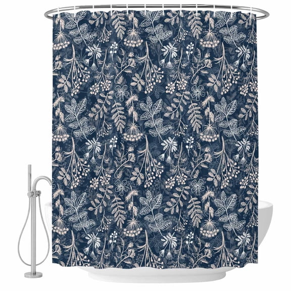 Abstract Flowers Bathroom Shower Curtains with Hooks, Blue Dandelion Lavender Floral Wild Botanical Leaves Navy Waterproof Fabric Washable Shower Curtain for Home Hotel Bathtub Decor 36x72 Inch