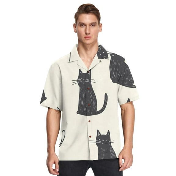 Ckdifva Cats in Cream Background Mens Button Down Short Sleeve Shirt Casual Shirts Beach Hawaiian Shirts