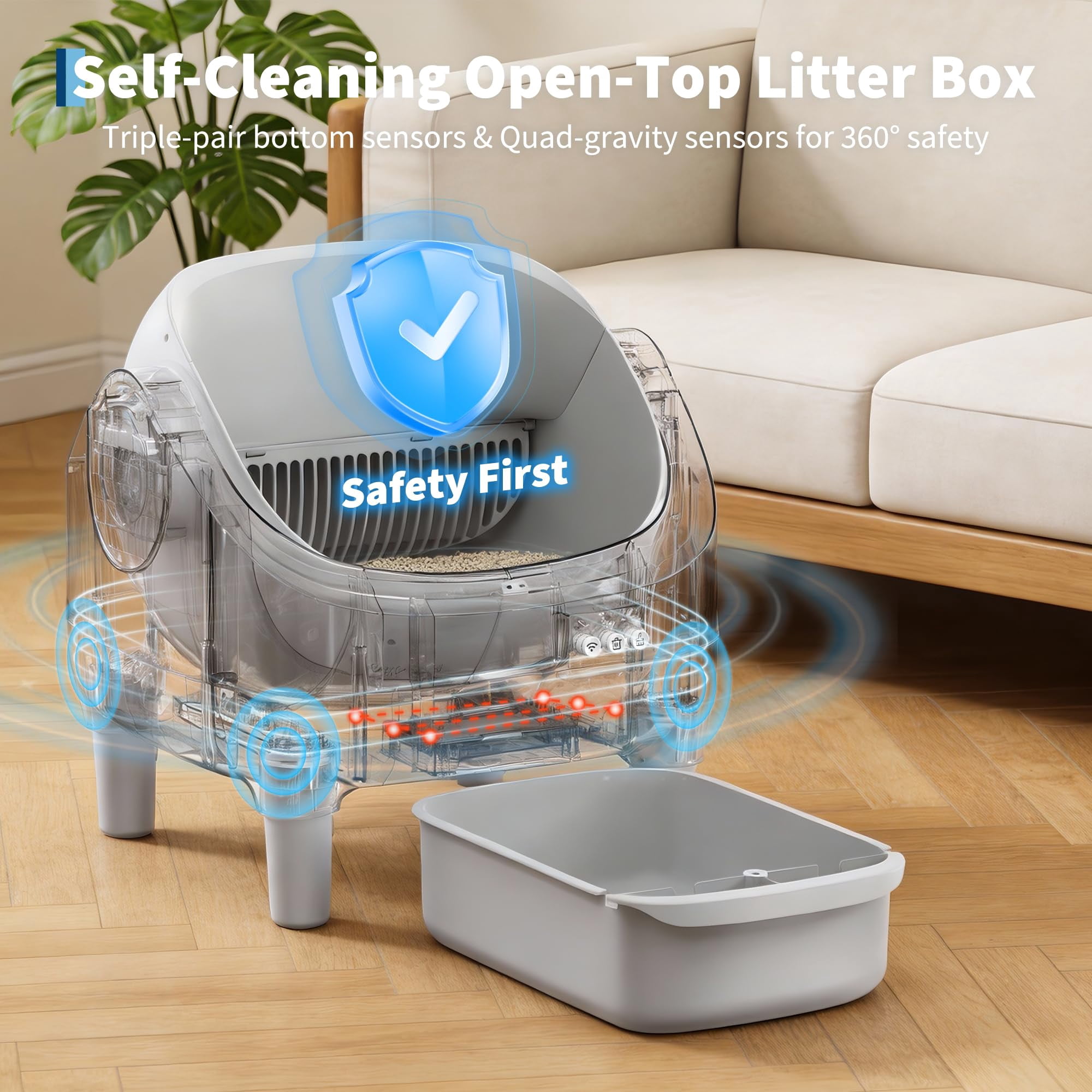 Smart-Controlled Automatic Self-Cleaning Cat Litter Box Featuring Extra Large Capacity, Safety Sensors, Low Noise Operation & Washable Tray. Includes Trash Bags Maintenance,Grey
