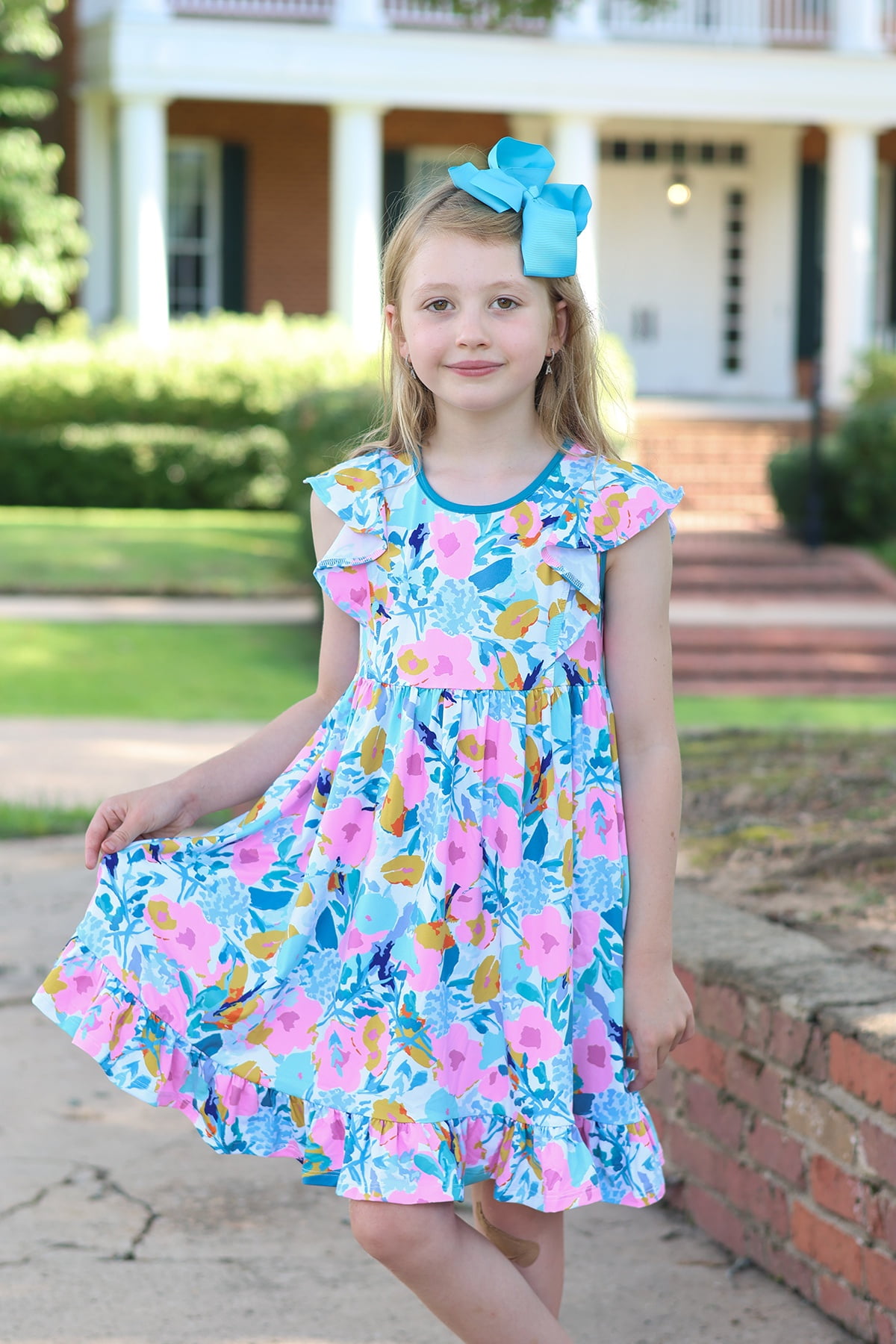 Millie Loves Lily Girls Turquoise Filagree Floral Angel Sleeve Dress & Short Set, Big Girls, Size 6