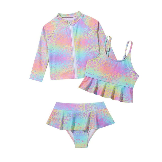 Girls Swimsuit Set 3 Piece with Swim Coat, Rash Guard Set with Ruffle Bikini Top and Swim Pants, Summer Bathing Suit for Beach Pool