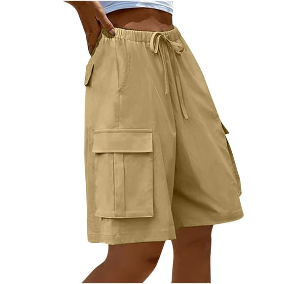 Timegard Womens Shorts Cargo Wide Leg Elastic Waist Solid Color Outdoor Casual Knee Length Pants Pockets