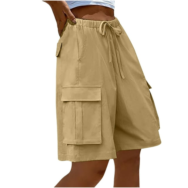 AherBiu Shorts Cargo pour Femmes Jambe Large Droite Taille Haute avec Cordon de Serrage pour Randonnée Camping avec Multi-Poches