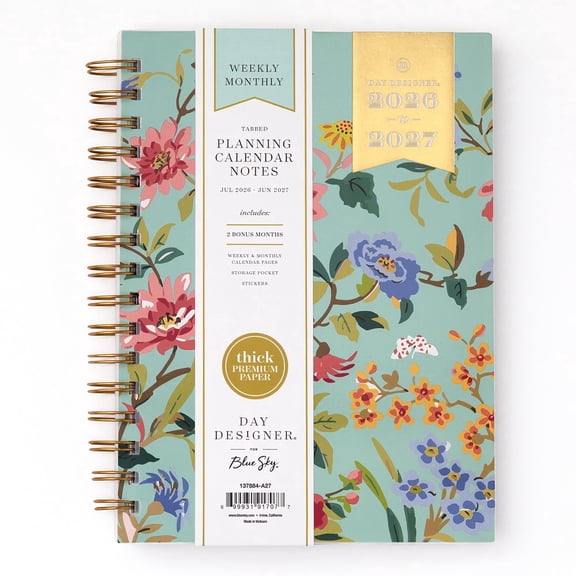 Blue Sky Day Designer 2026-2027 Weekly and Monthly Academic Year Planner Calendar, July 2026 - June 2027, 5.875" x 8.625",Storage Pocket, Stickers and 30 Extra Sheets of Notes, Climbing Floral Mint