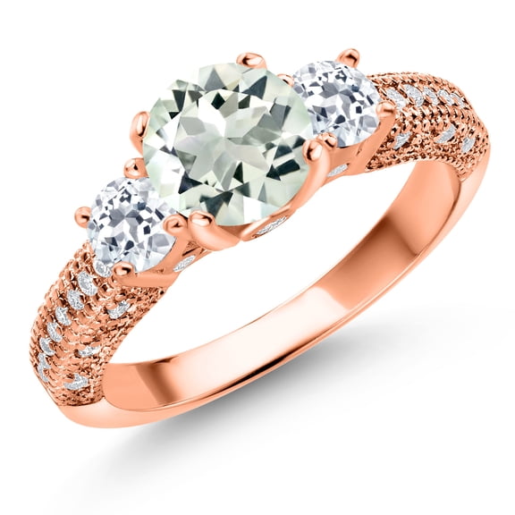 Gem Stone King 18K Rose Gold Plated Silver Green Prasiolite White Topaz and White Moissanite Engagement Ring for Women (1.84 Cttw, Gemstone, Round 7MM and 4MM, Size 6)