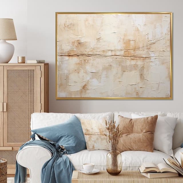 Designart Abstract framed wall art, Timeless Minimalism In Beige And White , Abstract Painting Large framed wall art decor, blue Gold framed wall art, 20x12 inches Gold Frame
