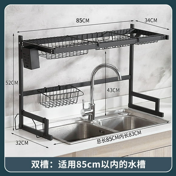 Over Sink Dish Drying Rack, Large Dish Drainer for Storage Kitchen Counter Organization, 2 Tier Stainless Steel Over Sink Dish Rack Display (Black, Sink Size≤32.6inch)