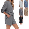 thumbnail image 2 of Conjunto De Pijamas Conjunto De Ropa De Dormir De Color Puro Camisas Con Cuello De Solapa Conjunto De Pantalones Cortos Traje De Pantalones Cortos De Manga Larga Acanalados Gris S, 2 of 6