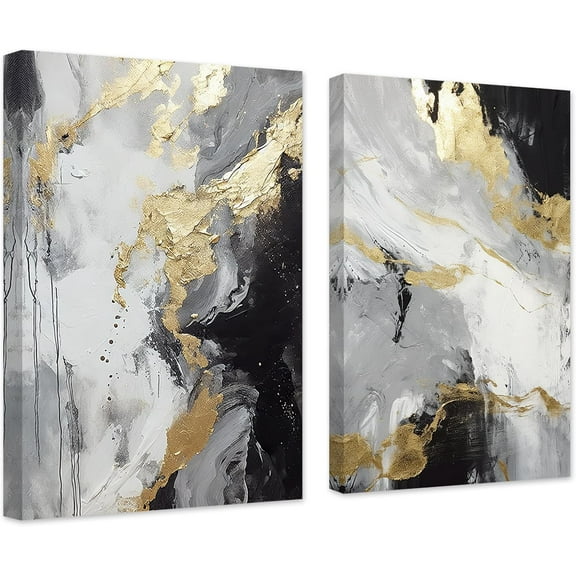 ZHONGYUTONG Abstract Black White & Gold Wall Decor 2 Pieces Abstract Canvas Art Prints Paintings Modern Artwork for Living Room Bedroom Decor (24.00" x 36.00" x 2PCS)