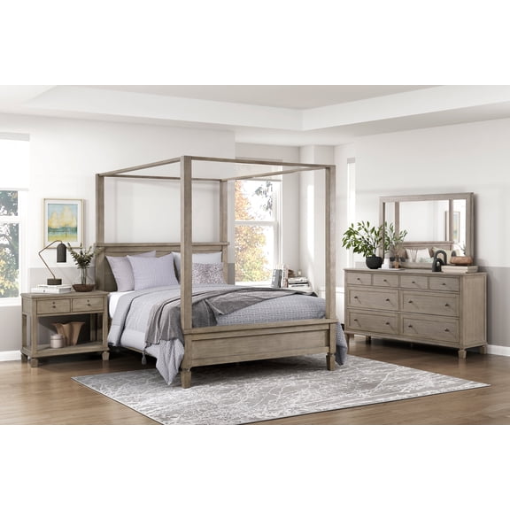 5Pc Bedroom Queen Size Canopy Bed Nightstand Dresser Mirror Strong Furniture Set Gray Oak Finish