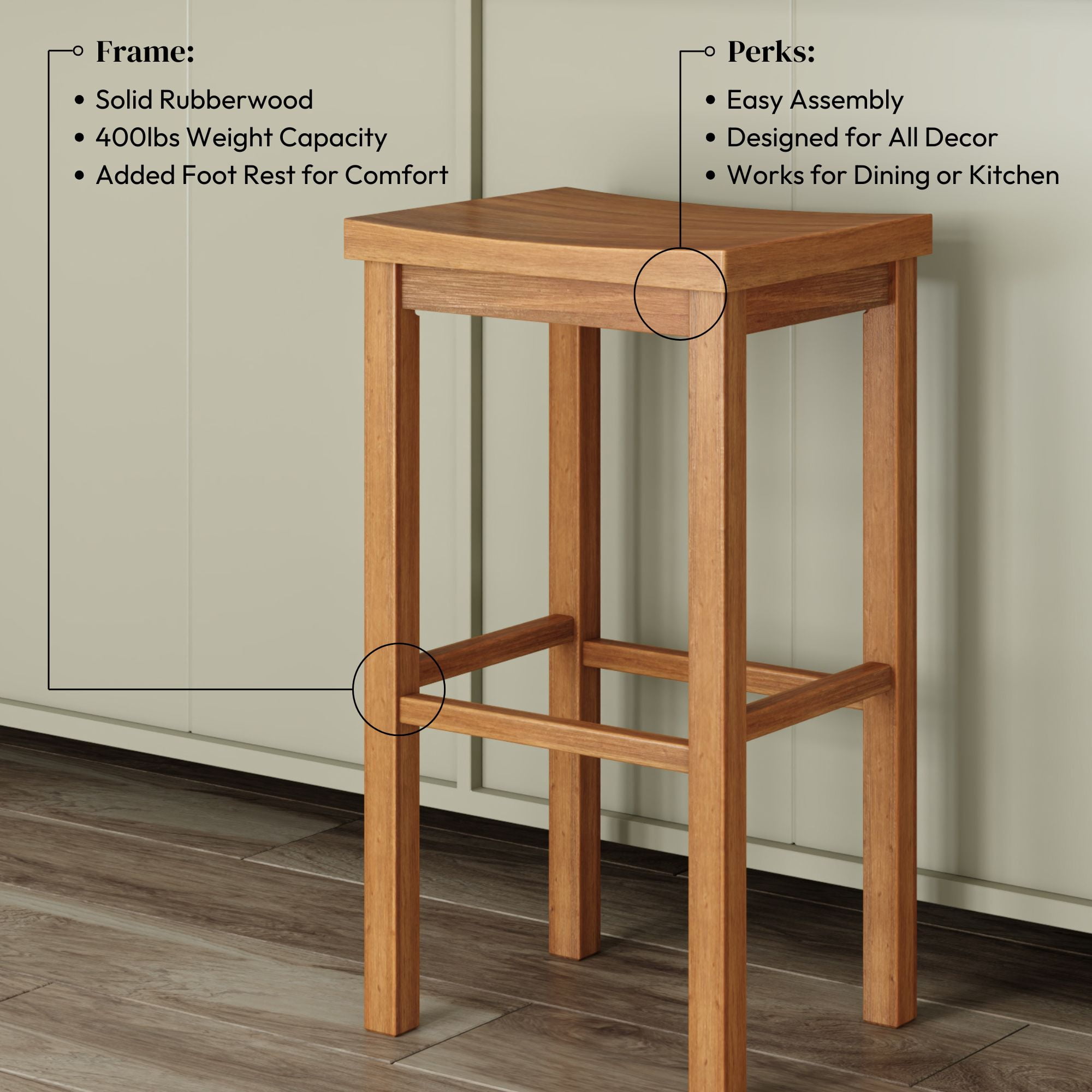 Now Furniture 30" Bar Stool, Wooden Backless Bar Height Kitchen Stool, Pecan