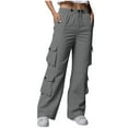 thumbnail image 2 of CQONEPT Womens Cargo Pants Drawstring Elastic Waist Causal Trousers Wide Leg Athletic Outdoors Pants with 7 Pockets Gray M, 2 of 6