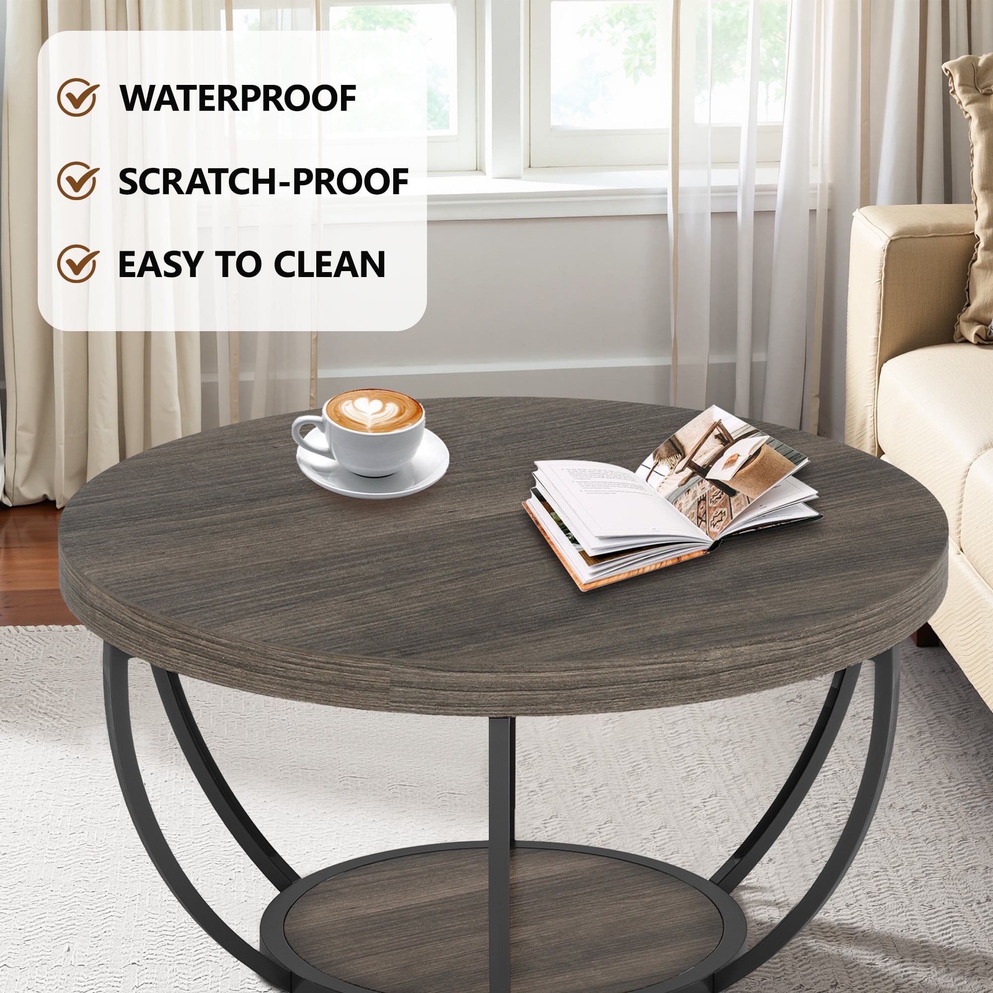 MAYEERTY 2 Tier Round Coffee Table Thickened Engineered Wood Sturdy Metal Base