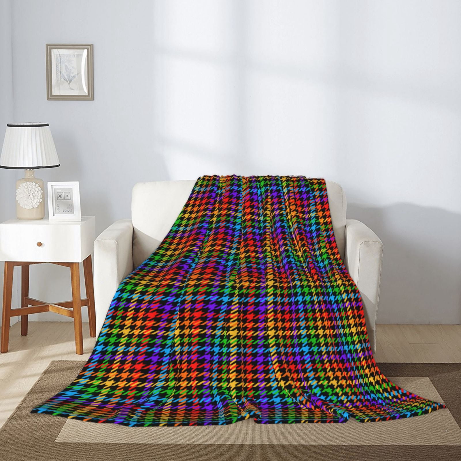 Hirioo Rainbow Houndstooth for Flannel Blanket, Cozy and Warm Throw for Bed or Couch ,Perfect for All Seasons-80"x60"