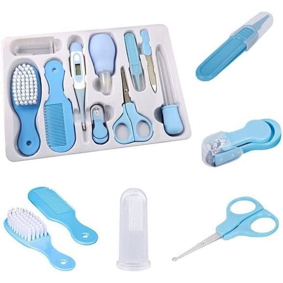 Grooming Healthcare Kit Safety Care Set Nail Clipper Brush Comb Scissors Thermometer Nasal Aspirator Finger Toothbrush Essentials Nursery Kit for Newborn Girl Boys (Blue)