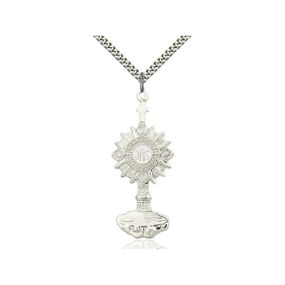 Sterling Silver Monstrance Pendant 2 1/8 x 7/8 inches with Heavy Curb Chain