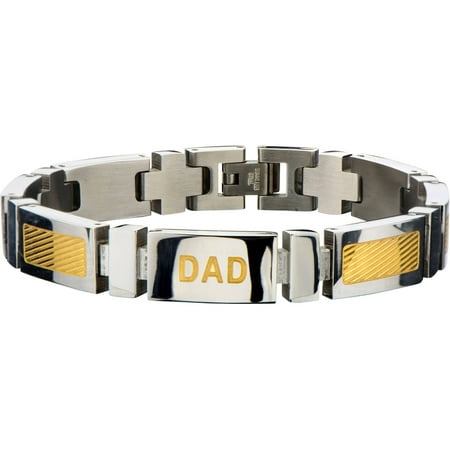 Steel Art Men's Stainless Steel Gold IP DAD Engraved and Steel Link Bracelet