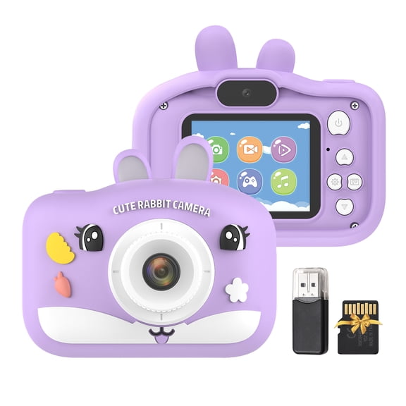 1080P Kids Digital Camera Digital Video Camera for Kids Dual Lens 2.0 Inch IPS Screen 8X Zoom Selfie Timer OTG Music Game Play Built-in Battery with 32GB TF Card USB Card Reader Neck Strap Birthday