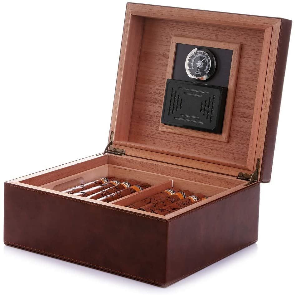 Scotte Leather & Cedar Wood Cigar Canister Portable Cigar humidor case for 12-16 