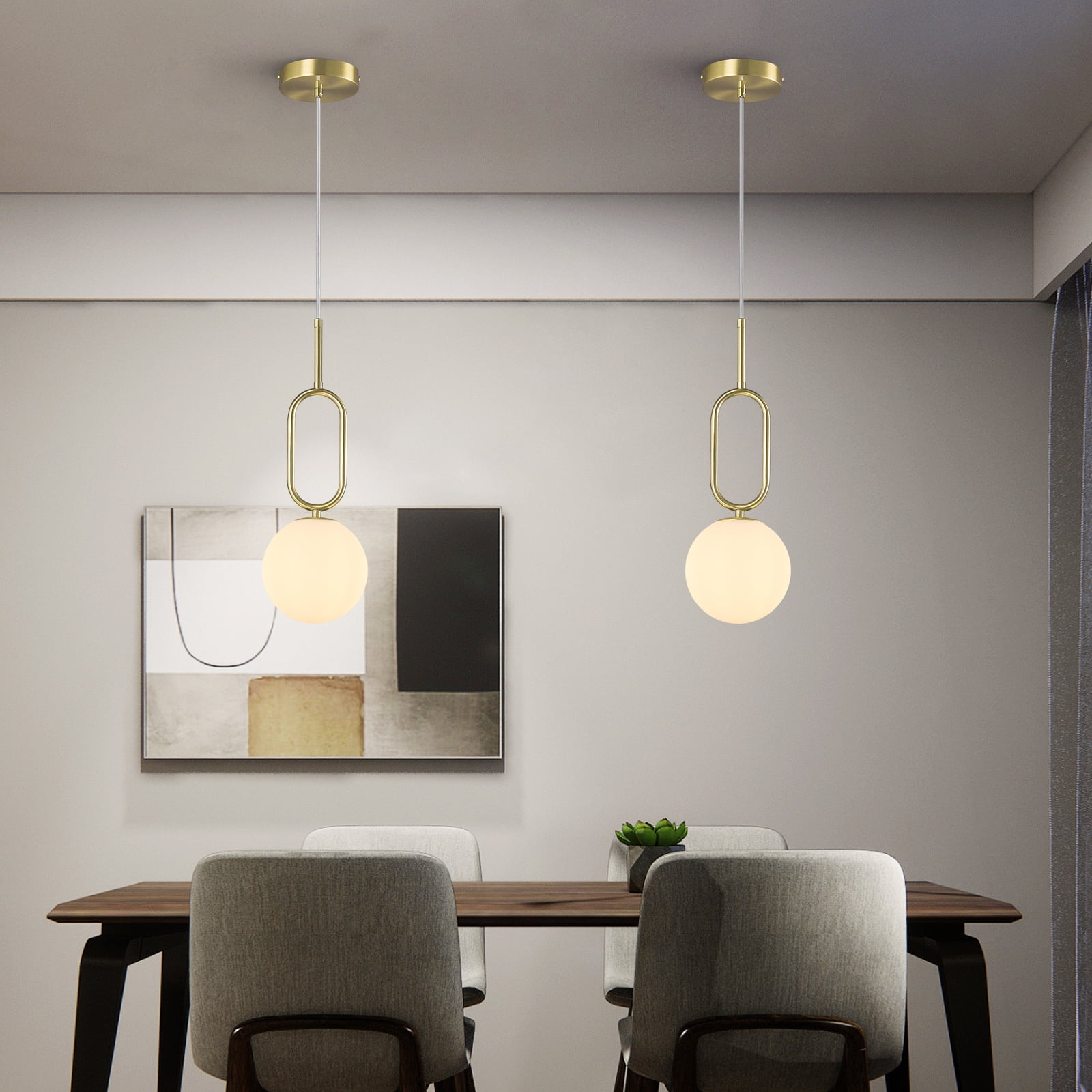 LMQNINE Gold Pendant Light with Milky White Glass Shade,Adjustable Minimalist Globe Hanging Fixture for Kitchen Island,Dining Room,2 Pack