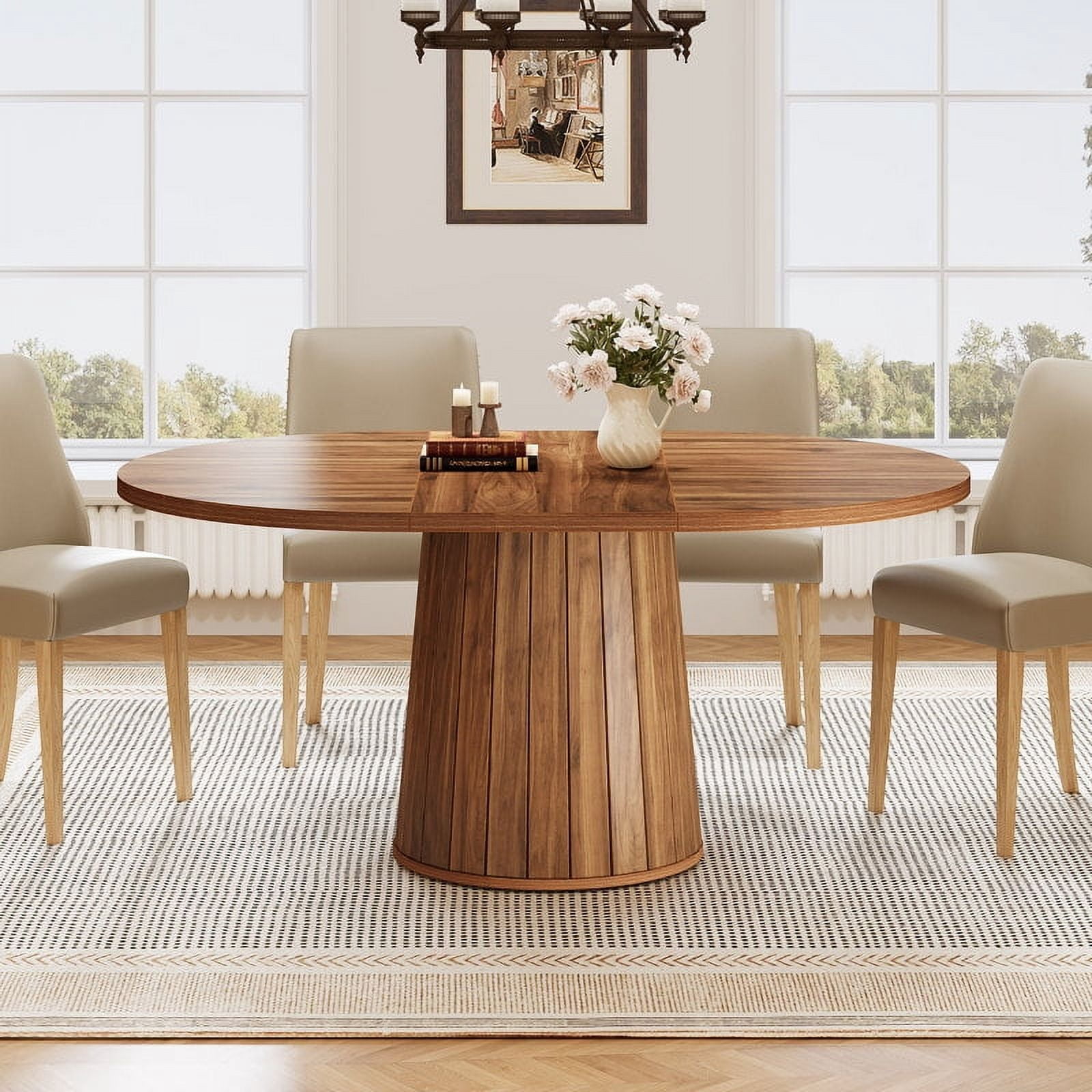 Tribesigns 55.11-Inch Oval Wood Dining Table with Cylindrical Pedestal for Dining Room (Brown)
