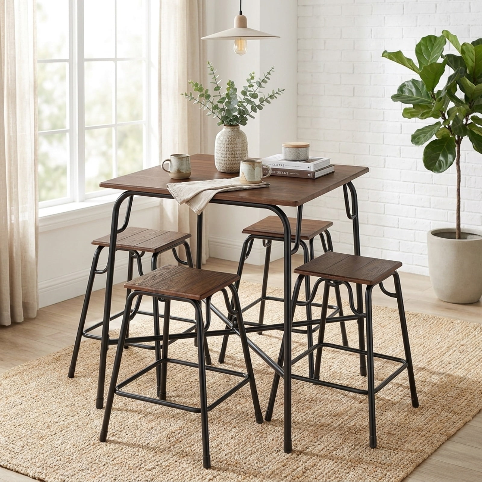 Furnibear 5 Pieces Bar Table Set with 4 Counter Height Backless Stools for Kitchen Dining Room Breakfast Nook Home, Rustic Brown