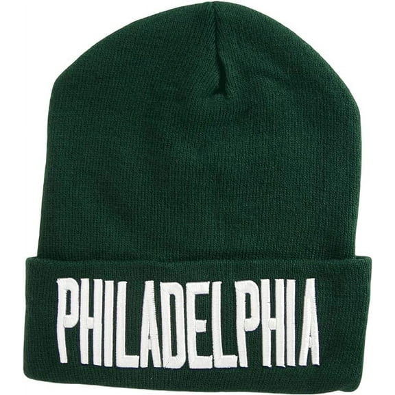 Philadelphia City Name Adult Size Winter Knit Cuffed Beanie Hat (Dark Green/White)