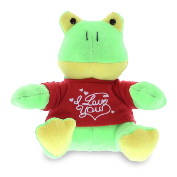 DolliBu I LOVE YOU Plush Sitting Green Frog - Cute Stuffed Animal with Red Shirt For Valentine, Anniversary, Romantic Date, Boyfriend, or Girlfriend Gift - 7 Inches