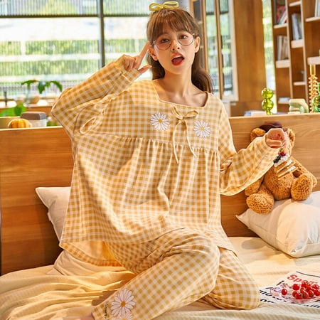 

QWZNDZGR Autumn New Pure Cotton Floral Women Pajama Sets Pyjamas Plaid Sleepwear kawaii Girl Loungewear Pijama Mujer Night Suits Homewear