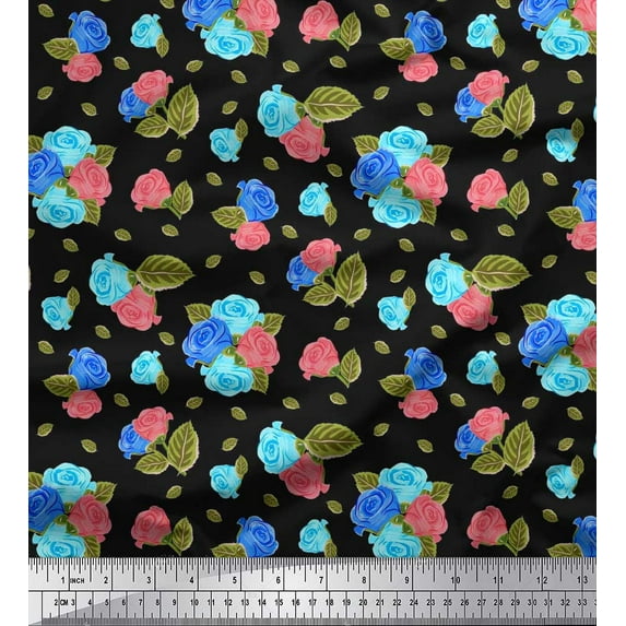 Soimoi Velvet Fabric Leaves & Rose Floral Printed Fabric 1 Yard 58 Inch Wide
