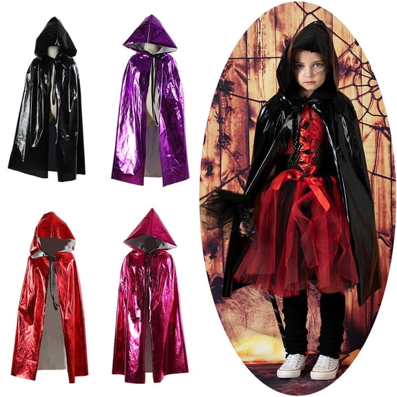 HAIJIE Halloween Shiny Finish Hooded Tie Neck Long Cape Boys Girls Multiple Solid Tone Seasonal Themed Cloak (Black,75cm)